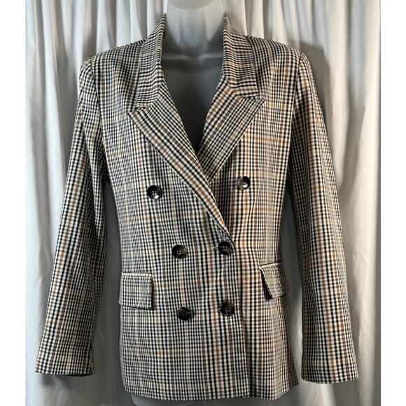 7th Avenue Design Studio New York & Co Plaid Blazer Tan Multi M Preppy 80-28 - Picture 1 of 14